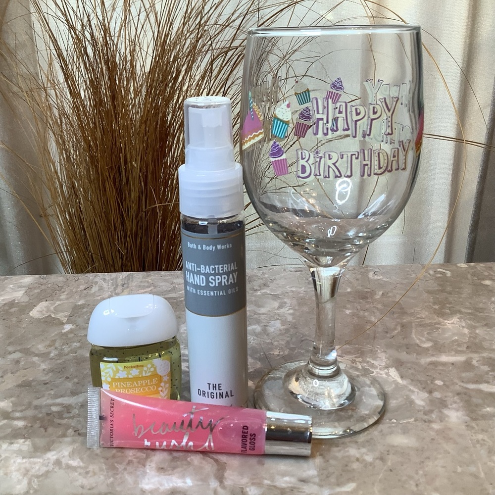 Happy birthday gift Bundle, HB wine glass, BBW antibacterial spray/gel, VS gloss